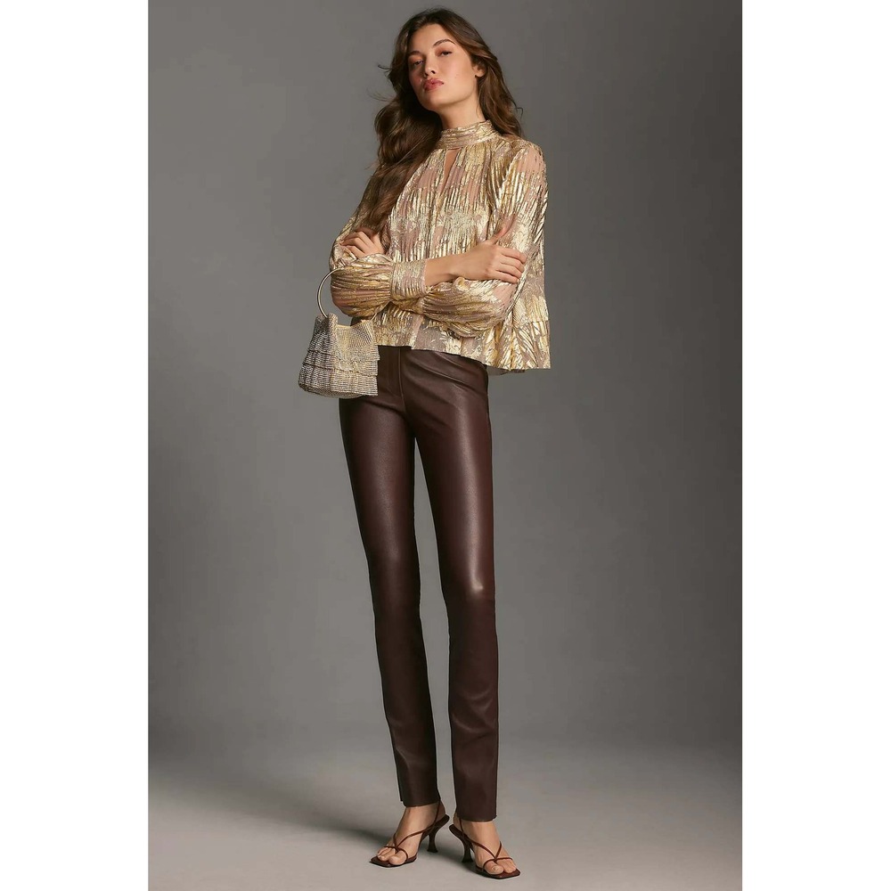 Maeve Anthropologie Gold Metallic Floral Mock Neck Keyhole Blouse Small